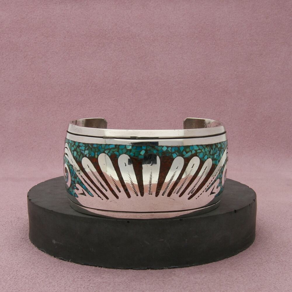 navajo sterling silver vintage crushed turquoise coral cuff bracelet size 6.5in